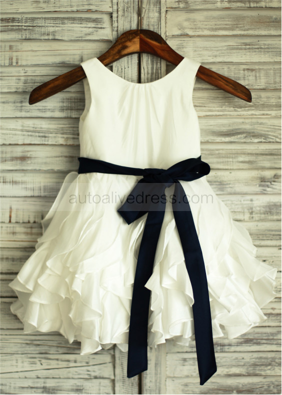 Ivory Taffeta Ruffle Flower Girl Dress With Navy Blue Sash